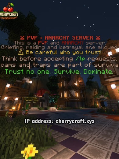 PVP - Anarchy Server - CherryCraft 🔗 IP: cherrycraft.xyz discord: https://discord.gg/yRd52hTqeR #Minecraft #NewServer #SMP #PVP #Anarchy #Gaming