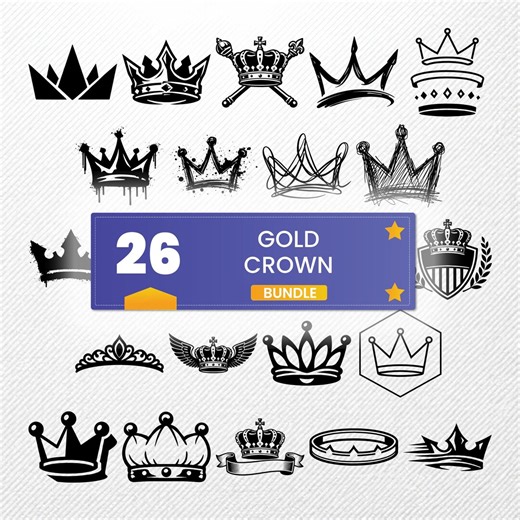 Gold Crown SVG Clipart Bundle, 26 Royal Silhouette Vector Illustrations, PNG Eps Dxf PDF, Print on Demand Graphics, Commercial Use - Etsy