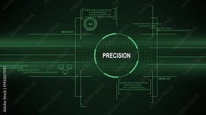 A detailed green digital HUD interface displaying the word PRECISION alongside scrolling data, an AI icon, and computer graphics, symbolizing advanced technology and data analysis.
