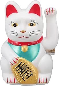 Lucky Fortune Cat, Japanese Waving Arm Feng Shui Figurine, Battery Operated Gold Wealth Health Welcoming Ornament for Home Restaurant Hotel (5in White)