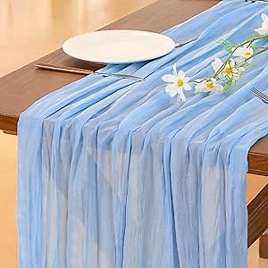 Socomi Blue Cheesecloth Table Runner Easter Spring Light Blue Boho Rustic Gauze 120 inch 10FT Cheese Cloth Runner for Wedding Party Baby Shower Birthday Home Decor Holiday Decorations