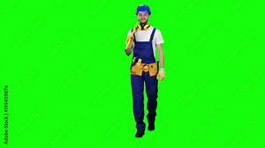Engineer with a spirit level in his hands goes to the building measurements. Green screen