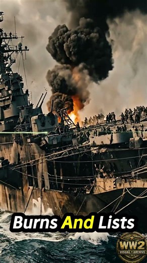 USS Franklin Burning After Japanese Bomb Hits in March 1945