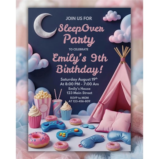 Sleepover Birthday Invitation Girl, Slumber Party Invite Template, Pajama Party Editable Canva, Pink Night Party Invite - Etsy