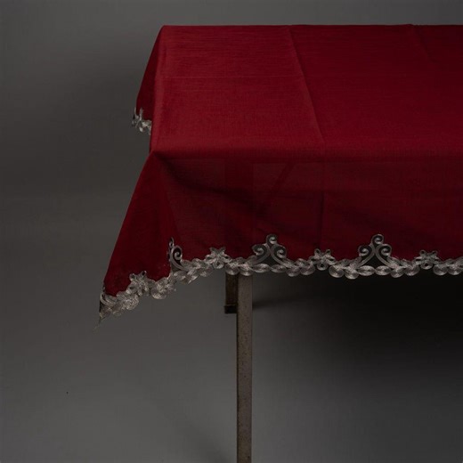 Burgundy and Silver Lace-embellished Tablecloth, Handmade Vintage Dining Table Cover - Etsy