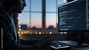 Programmer types code at desk. Focused developer stares at monitor. Screen shows colorful programming text. Hands move over keyboard while typing. City light glows through window at dusk. Calm mood. Stock Video