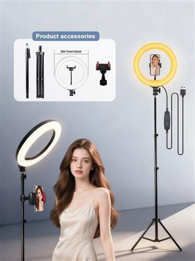 Professional LED Video Lighting Kit, Including A 12-Inch LED Ring Light And A 63-Inch Tripod. Ideal For Podcast Lighting And Video Recording, USB-Powered Studio Lighting, Suitable For Makeup And Live Streaming. Ring Light, Soft LED Outdoor Beauty Light For Influencer Live Streamers And Mobile Phone Broadcasters. | SHEIN