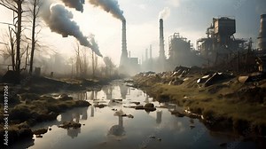 Devastating effects of industrial pollution on a river ecosystem. Industrial pollution on aquatic ecosystems. Environmental problems, Air pollution