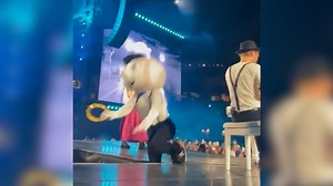 New York Mets mascot Mr. Met falls off the stage during The Lumineers’ concert
