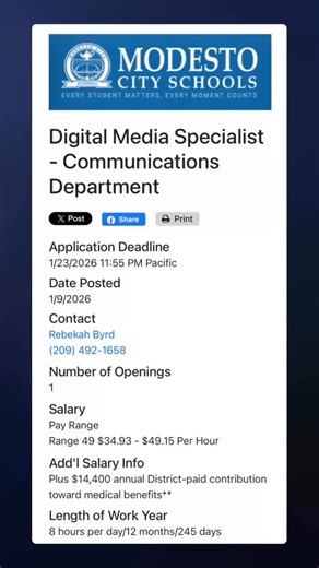 Modesto Artists Movement on Instagram: "Digital Media Specialist Full time job with benefits in Mod City Schools The job is about 70-80% Video Production https://www.edjoin.org/Home/JobPosting/2171302 Job posting is on EdJoin and it closes this Friday 1/23/26. Call Rebekah Byrd if you have questions. 209-492-1658 Good luck!"