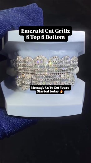 Emerald Cut 8 Top 8 Bottom Grillz With Perm Cuts Only 30% Down To Get Yours Started Today🔥 ___________________________ #InvisibleSetGrillz #CustomGoldGrillz #DiamondGrillz #MoissaniteGrillz #GrillzPlug