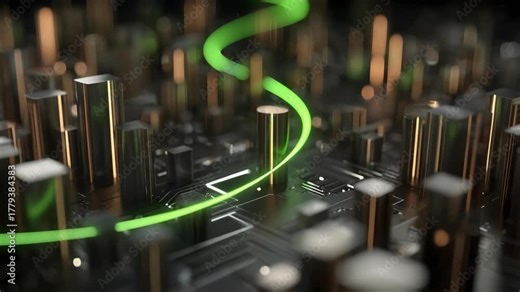 Close-up of a computer motherboard with a glowing green circuit trace winding across the circuit board.