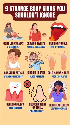 9 Strange Body Signs You Shouldn’t Ignore Your body often sends unusual signals before serious problems appear. These strange signs may look harmless but can point to hidden health issues. Pay attention — your body is trying to warn you! #BodySigns #health #facebookreels #viralreels #trendingreelsvideo | Cure with Food