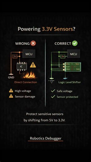 Robotics Debugger | Arduino Fixes on Instagram: "Burned a 3.3V sensor by connecting it directly to 5V? 🔥 Yeah… this mistake silently kills a lot of ESP32 / sensor projects. Direct connections may work for a few minutes… but long term they stress the IC and cause random failures. The safer way 👇 ✔ Use a logic level shifter ✔ Protect sensitive components ✔ Keep signals stable between 5V and 3.3V systems Most beginners blame bad sensors. Reality? Voltage mismatch. 👉 Save this before wiring your 
