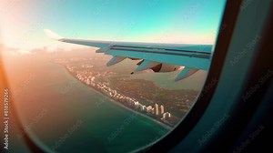 Beautiful aerial view of Miami cityscape from airplane window flying over city. Airplane landing in Miami 4k