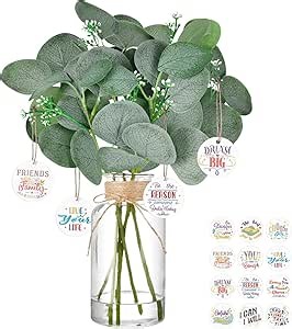 DomeStar 7pcs Artificial Eucalyptus Stems in Clear Vase, 12inch Dried Eucalyptus Plant with Tags Faux Water Dried Flowers Arrangement for Home Office Decoration Wedding Party