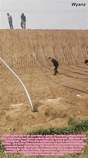 farm work crew erects greenhouse frame with coordinated teamwork