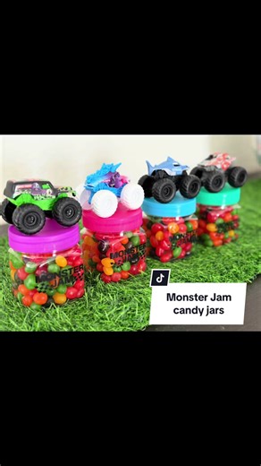 DIY Monster Jam Candy jars! Made these for Easter but they would also make a great party favor, cost around $2 to make each jar, just fill with the candy of your choice