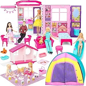 Style Shine Doll House Portable & Foldable Dollhouse w/ 60+ Pcs & 2 Dolls, Play House Toy with Bedroom Kitchen Pet House Camping Playset, Playhouse Gift for Girl Kid Toddler