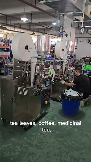 This tea bag packaging machine with a pull string and label features automatic bag making