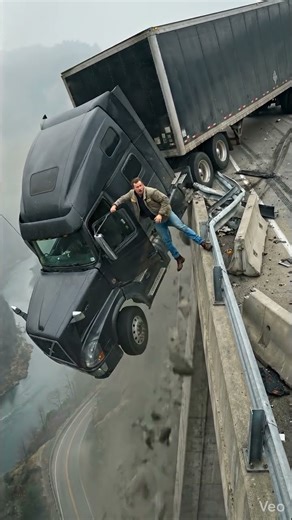 Truck Breaks Through the Barrier… Cab Hangs Over a Cliff as the Driver Climbs Out 🚛