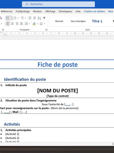 CREER UNE FICHE DE POSTE #word #ressourceshumaines #rh #poste #bureautique
