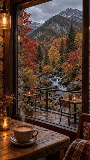 Cozy Autumn Mountain Café 🍂 Chopin Nocturne, Flowing Stream & Relaxing Fall Ambience | 4K