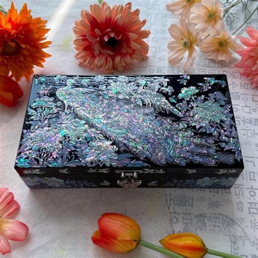 Korea Mother of Pearl Peacock Big Jewelry Box Inlay Wooden Chest Box - Etsy