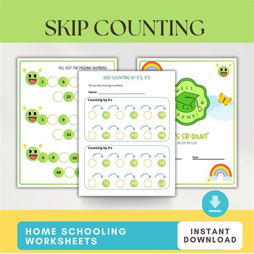 Skip Counting Number 2 -12, Caterpillar Theme, Kindergarten Maths Learning Worksheets (PDF) - Etsy