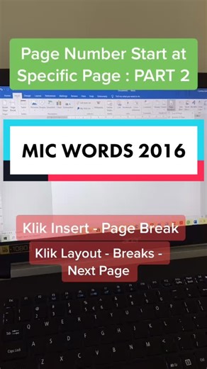 Part 2: Page number 1 at specific page you want. #microsoftwords2016 #how to insertpagenumber