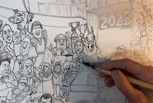 Mark Knight on Instagram: "It’s nearly that time of the year again! I’m racing to finish my tribute to 2025, the year that was. The scene this year is the big cricket match at the MCG. Publishing on the Herald Sun ‘s front and back pages on New Year’s Eve! #2025 #mcg #cricket #politicalcartoon"