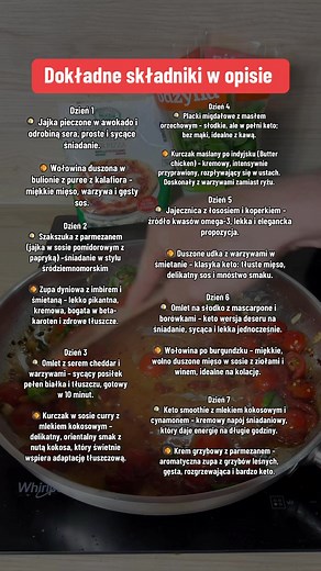 🥇 Dzień 1 🍳 Jajka pieczone w awokado Kremowe awokado z zapieczonym jajkiem to proste i pożywne śniadanie, które dostarcza tłuszczów i białka. Składniki: awokado, jajka, ser cheddar, sól, pieprz, szczypiorek lub boczek do posypania. 🥘 Wołowina duszona w czerwonym winie z puree z kalafiora Miękkie mięso w aromatycznym sosie winno-ziołowym, podane z aksamitnym puree z kalafiora zamiast ziemniaków. Składniki: wołowina, czerwone wino wytrawne, cebula, czosnek, tymianek, masło, kalafior, śmietanka.