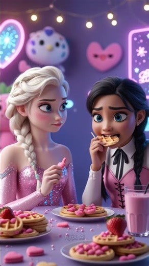 Elsa & Wednesday Eating Waffles #disney #ai #asmr