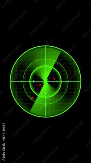 Green radar animation loop. Vertical video digital signals monitoring technology. Surveillance radar display. Vertical video rotating scan and signal tracking motion.