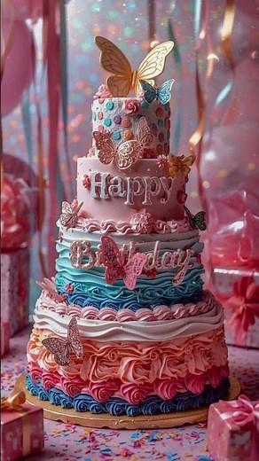 Colorful Birthday Cake with Butterflies | Happy Birthday Greetings Song