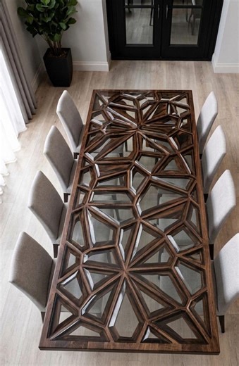 Handcrafted Geometric Wood & Glass Dining Table Top – CNC Carved Modern Statement Table – Luxury Rectangular Designer Tabletop Only - Etsy