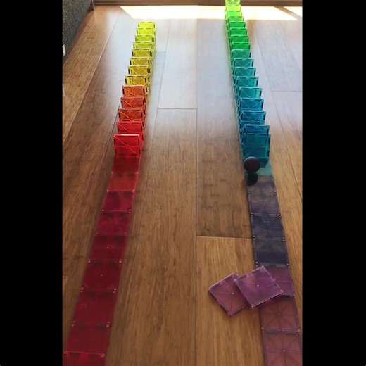 Magna-tiles are one of our favourite products here at Hugs HQ. Open-ended, with endless possibilities and hours of fun to be had, they are as addictive for little kids as they are for big kids (including parents, grandparents, aunts and uncles!!). Using our 100 Piece Clear Colours Magna-Tiles we laid out two runs for a tumble course! After a few accidental knocks, and re-setting up, we were ready to whirl! This is great fun, and easy to set up. Check out our blog post: An afternoon of rainbows a