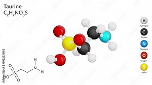 Taurine (C2H7NO3S) is an amino acid found in various tissues, playing crucial roles in the body. It aids digestion by forming bile salts and helps regulate calcium levels. White background. 3D render