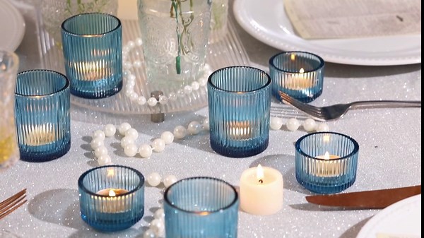 NITIME 20pcs Ribbed Blue Votive Candle Holders, Assorted Tea Lights Candle Holder, Blue Glass Candle Holders for Table Centerpiece, Wedding Table Settings and Party Decorations