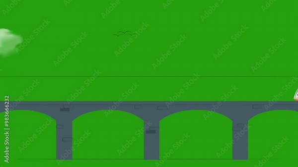 City train loop animation green screen. Metro cartoon animation. High-speed train on the bridge. High-speed trains and skyscrapers. Modern outdoor landscape. Green screen loop animation.