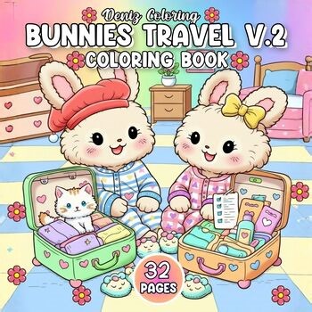 Bunnies Travel Coloring Pages | Cute Rabbit Vacation Activities | 32 Pages