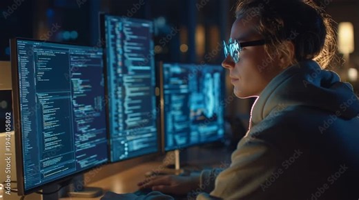 A young programmer working late at night in a dark room with multiple computer screens.