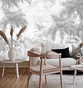 Tropical Palm Tree Wallpaper Mural: Grey Forest Brick Wall Decor - Etsy