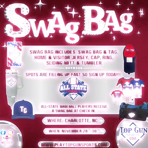 🔥Our Swag Bag for All-State Final Championship is top notch!!🔥 ✔️Register your player today!! #TopGunSports #topgunrocks #baseball #topgunallstate25 #baseballlife | Top Gun Sports