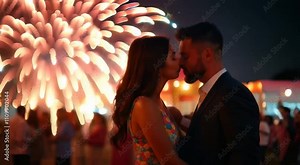 a couple kissing in front of a fireworks display.
