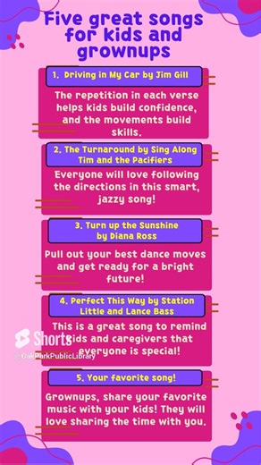  Check out these 5 great songs for kids—from an #OakPark librarian! Singing and dancing are key #EarlyLiteracy skills. Kids hear how words are built when they sing, and their bodies get ready to sit and hold books and pencils when they move. Let's sing and dance together! | Oak Park Public Library | Facebook