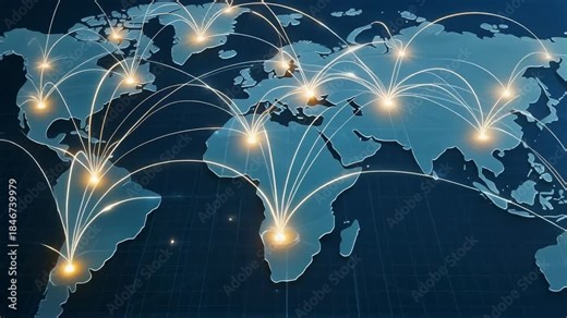 Global connectivity and networking visualized through a world map with data connections