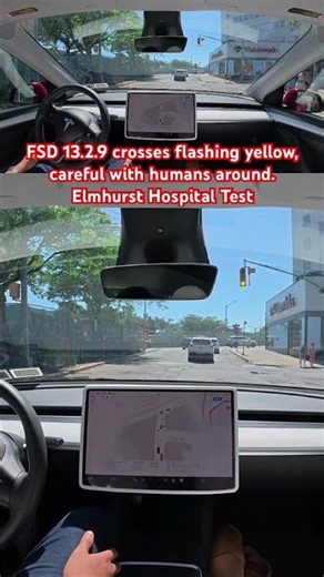 FSD 13.2.9 crosses flashing yellow, careful with humans around. Elmhurst Hospital Test #teslafsd