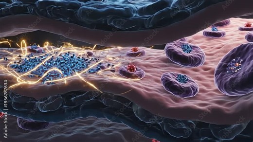 Immune system response to HPV infection. White blood cells surround infected epithelial layers, sending bright chemical signaling waves. Some virus-infected cells are cleared, while others evade