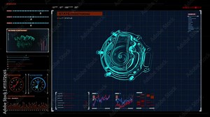 Automobile Technology. car compressor X-ray image 360 degree view.animation in digital display panel. user interface.3D illustration,3D rendering.